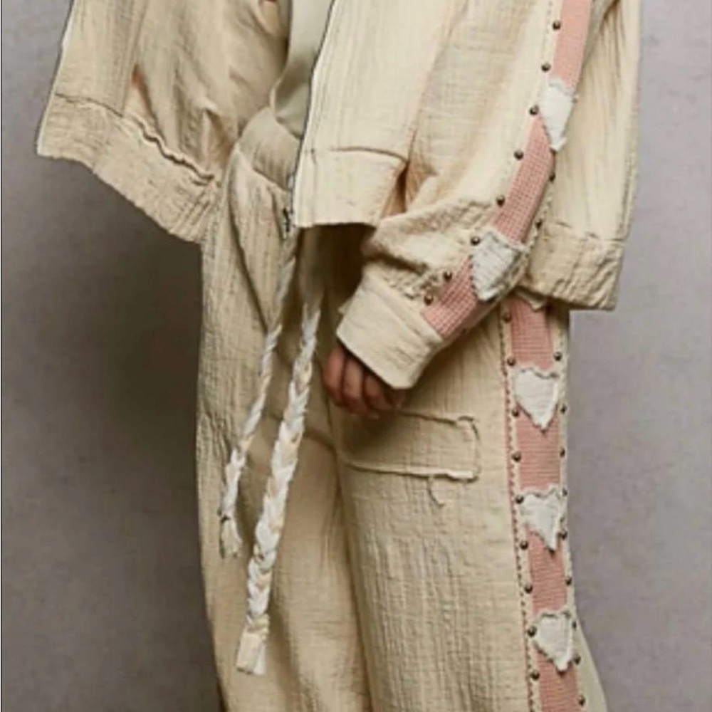 POL Cream and Pink Textured Heart Jacket and Heart Pants Set